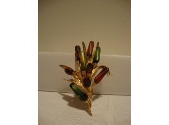 Vintage ART Glass Gold Tone Flower Pin 2.5'