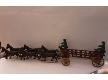Vintage Cast Iron Toy Fire-wagon Horses And Drivers