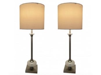 Pair Glass & Brushed Metal Table Lamps