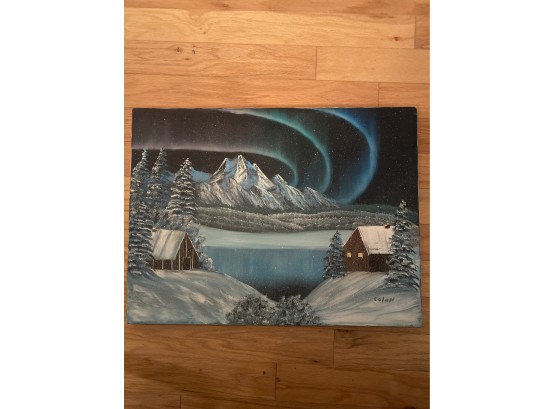Signed Oil On Canvas With Snowy Landscape & Beautiful Northern Lights