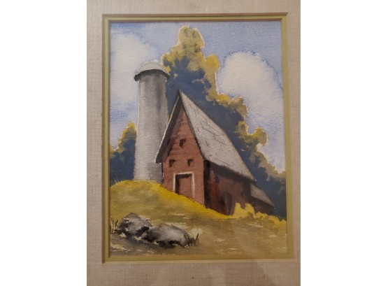 Charming Countryside Barn And Silo. Watercolor On Paper, Matted In Frame