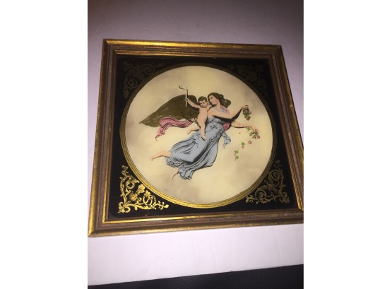 Beautiful Angel And Cherub Painted On Glass In A Gold Frame