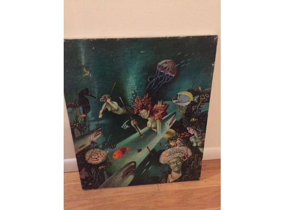 Amazing Acrylic On Canvas Painting Mermaids Hunting Under Water Seascape Signed Rubinstein