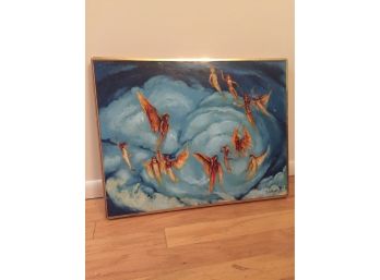 Amazing Oil On Board Scene Of Angles In A Beautiful Sky Signed Reich