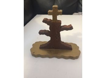 Unique Carved Wood Tree Sculpture With Cross