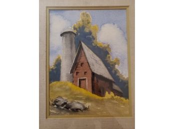 Charming Countryside Barn And Silo. Watercolor On Paper, Matted In Frame
