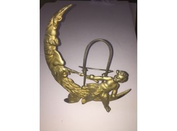 Amazing Brass Coated Iron Sculpture Kid Pulling In Personified Crescent Moon