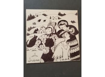 Village Women And Cat, Ink On Paper. Signed By Artist.