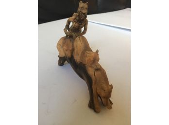 Amazingly Detailed Hand Carved  Wooden Sculpture Man And Dog