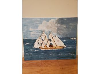 Storm Brewing, Ship At Sea. Acrylic On Board. Signed By George Duncan