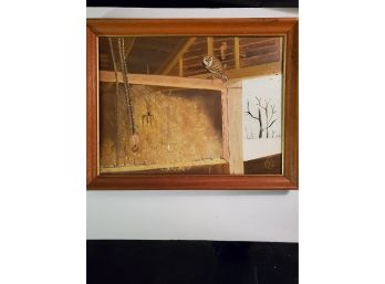 Owl In A Barn. Oil On Board, Signed By Artist