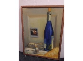 Amazing Signed Still Life Oil On Canvas, Wine Bottle On The Table By Lerner