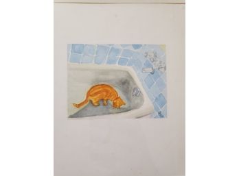 Orange Cat In The Tub, Watercolor On Paper, Signed By Artist