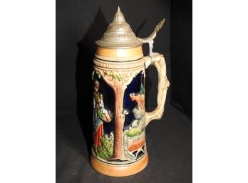 Old German Tall Beer Stein Great Graphics Hand Made