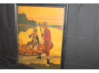 Early FOLK ART Oil Painting HUNTERS In CANOE