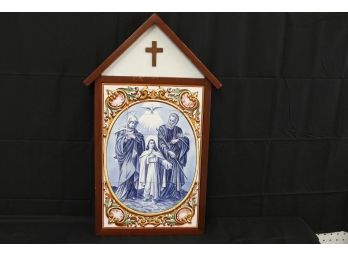 NICE Religious Jesus Painted MOSAIC TILE In Crafted WOOD Wall Hanging From Church