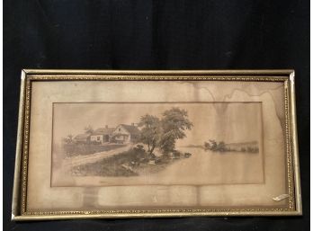 Black And White Print Of House On A Hill By A Lake With Cows