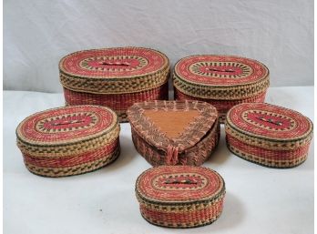 Six Vintage Baskets - Set Of Five Chinese Oval Woven Straw Multi Colored Lidded Nesting Baskets