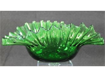 Beautiful Antique Hand Blown Ruffled Ribbon Edge Green Art Glass Bowl
