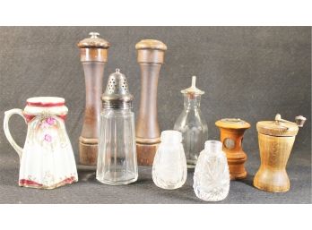 Vintage Grouping Of Salt, Pepper, Powdered Sugar Mills & Shakers & Glass Olive Oil Bottle