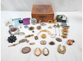 Vintage Assortment Of Ladies Pins, Brooches & Carved Wood Box - Including Two Cameos