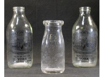Three Milk Bottles Two Are From Carlton Dairy York England & One Is From PA 'bottle Of Milk Bottle Of Health'
