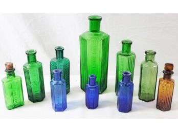 Ten Vintage Glass Multi Colored Apothecary Bottles Not To Be Taken