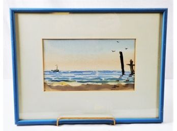 Vintage Professionally Framed And Matted Watercolor Seascape Painting
