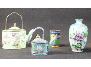 Grouping Of Brass Cloisonne Enamel & Silver Tone Foil Painted Miniatures