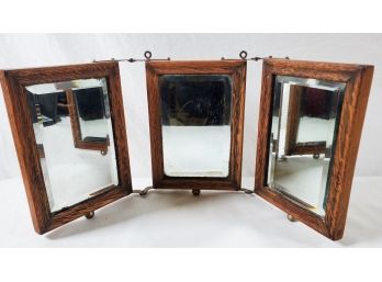Antique Trio Of Folding Rectangular Framed Beveled Edge Mirrors With Brass Feet & Hanging Hardware