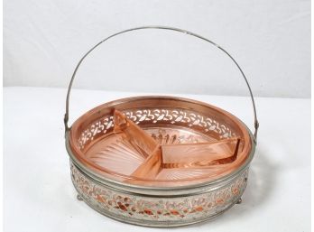 Vintage Pink Depression Glass Three Section Candy Dish With Metal Pierced Caddy
