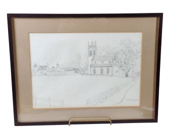 Vintage Signed Pencil Drawing - Kincardine In Menteith Parish Church United Kingdom