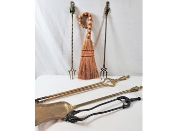 Vintage Brass & Wrought Iron Fireplace Tools & Hand Whisk Broom
