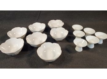 Vintage Assortment Of Plain White Porcelain Chinese Saki Cups & Lotus Flower Dipping Bowls