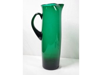 Vintage Mid Century Modern Emerald Green Hand Blown Pitcher With Applied Handle