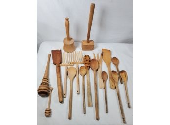 Vintage Lot Of Wooden Kitchen Tools  & Utensils-spoons, Wooden Whisk, Pasta Forks, Serving Implements & More.