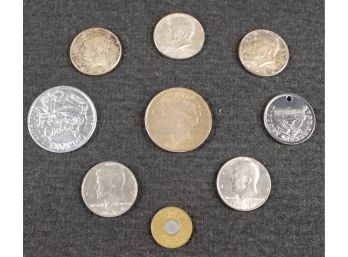 Vintage & Antique Coins - 1922 Silver Eagle Peace Dollar,, Tokens, Medallions & Kennedy Half Dollars
