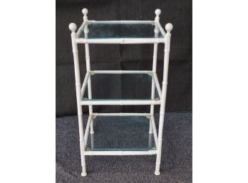 Cute Vintage Mid Century Modern White Painted Metal & Glass 3 Shelf Bamboo Look Table