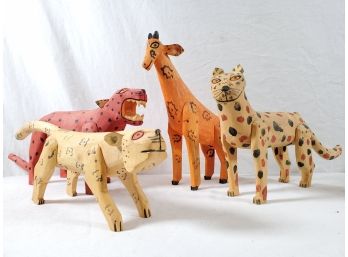 Four Vintage Hand Carved & Painted Wood African Jungle Animal Figurines