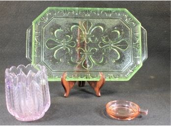 Vintage Assortment Of Depression Glass - Green Tray, Lavender Celery Cup, Single Pink Ashtray