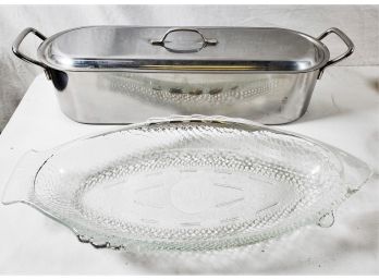 Vintage Glasbake Clear Glass Fish Shaped Baking Dish & INOX Italy Stainless Steel Fish Poacher