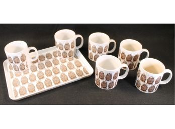 MCM Set Of Six Ceramic Owl Mugs By Coloroll Kilncraft England With Matching Melplus Melamine Owl Tray