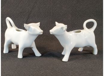 Two Vintage Hoan Made In France White Porcelain Cow Creamer Pitchers