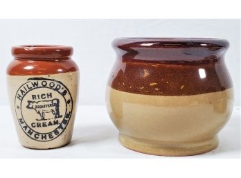Two Vintage Small Stoneware Crocks - Hailwoods Cream Pot