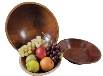 Three Vintage Wood & Teak Bowls And Vintage Faux Fruit Assortment