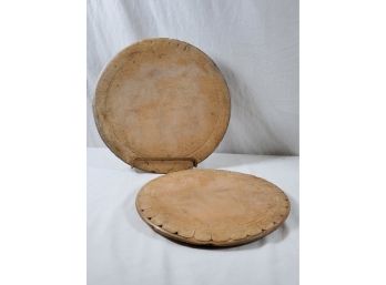 Antique Pair Of 11' Round Carved Wood Pie Crust, Bread Dough Boards