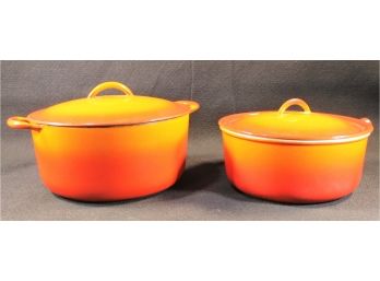 Two Piece Vintage Set Of Descoware Burnt Orange Cast Iron Cookware With Large Cocotte & Sauce Pan