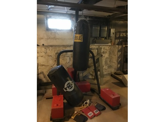 Iron Stand And 2 Kick Bags Boxing Gloves Lot