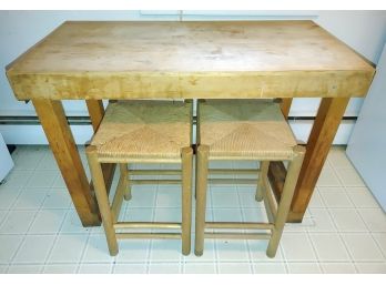 Butcher Block Style Work Surface With 2 Stools