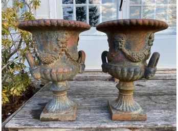 Pair Of Antique Cast Iron Pedestaled Planters